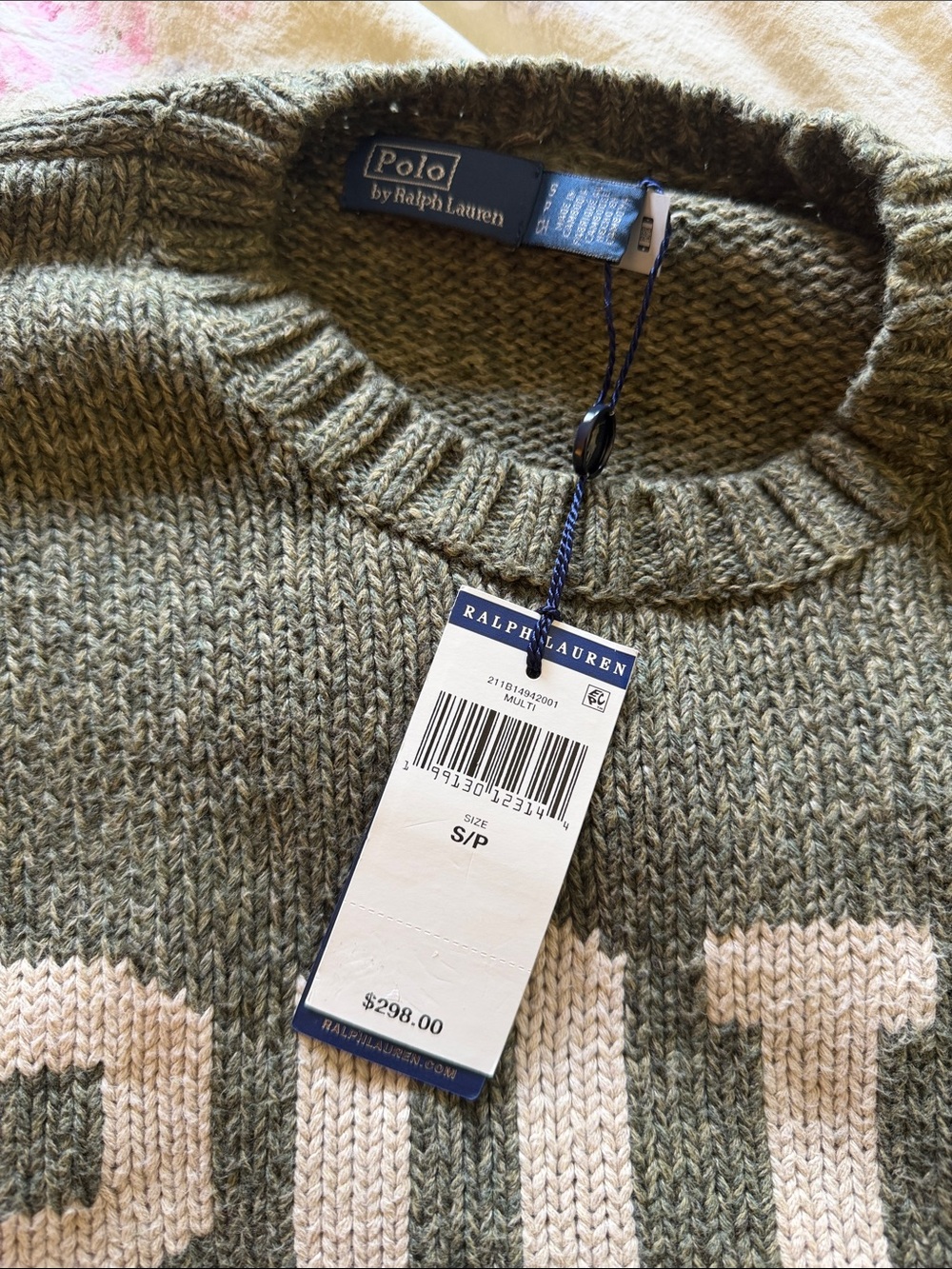 Polo by Ralph Lauren Olive Knit Crewneck Sweater with Cream Logo - Picture 5 of 5